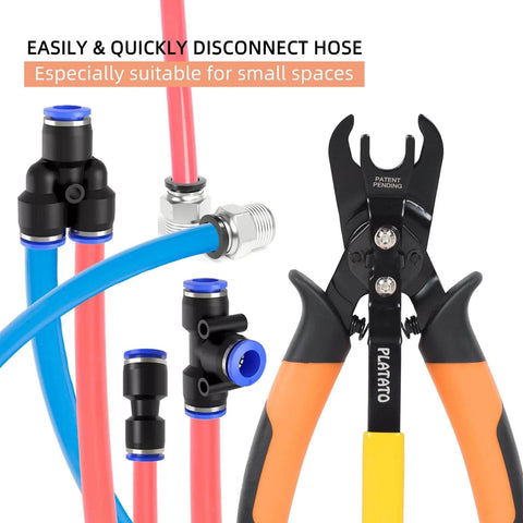 Push To Connect Fittings Disconnect Tool For 3/8 And 1/2 Inch Pneumatic Air Hose Quick Connects shown with hoses and quick release pliers