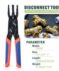 All In One Push To Connect Clamp Tool For Brass Push Fittings Removal shown with fittings, fits 1/2, 3/4, 1 inch pipes