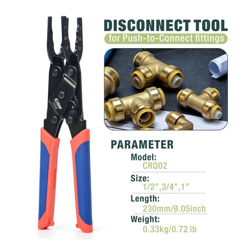 All In One Push To Connect Clamp Tool For Brass Push Fittings Removal shown with fittings, fits 1/2, 3/4, 1 inch pipes