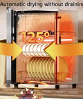 Large-Capacity Tableware Disinfection Cabinet with dishes inside at 125°C, automatic drying feature displayed