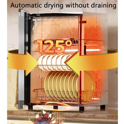 Large-Capacity Tableware Disinfection Cabinet with dishes inside at 125°C, automatic drying feature displayed