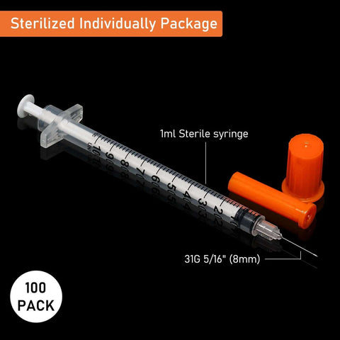 Disposable Sterile 1ml Syringes 31G With 5/16 Inch 8mm Needle 100 Pack For Insulin And Precise Dosing, syringe with protective cap
