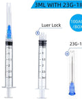 100 Pack Disposable 3ml Lab Syringes With 23G 1 Inch Luer Lock Needle Sterile Individually Sealed shown with clear markings