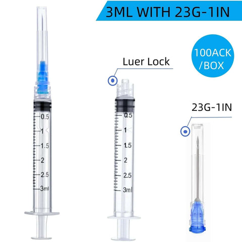 100 Pack Disposable 3ml Lab Syringes With 23G 1 Inch Luer Lock Needle Sterile Individually Sealed shown with clear markings