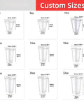 Custom sizes chart for cups produced by Automatic Disposable Cup Making Machine With PLC Controlled Thermoforming System.