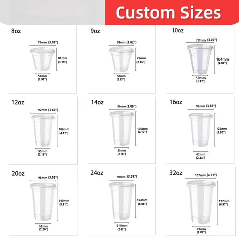 Custom sizes chart for cups produced by Automatic Disposable Cup Making Machine With PLC Controlled Thermoforming System.