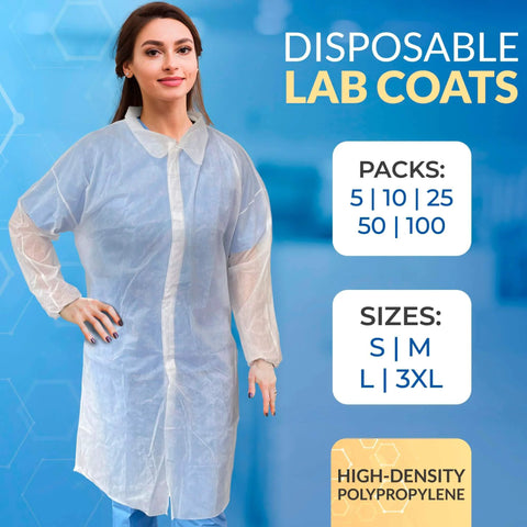 White Disposable Lab Coats For Adults Medium 10 Pack AMZ Supply Knee Length PPE Clothing With Elastic Wrists And Hook Loop Closure No Pockets 40 GSM Polypropylene