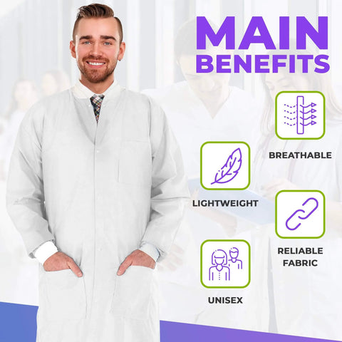 Disposable Lab Coats For Adults Medium Pack Of 10 White Knee Length With Knit Collar Cuffs Plastic Snaps And 3 Pockets 50 GSM SMS