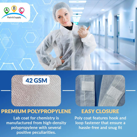 White Disposable Lab Coats For Adults Medium 10 Pack AMZ Supply Knee Length PPE Clothing With Elastic Wrists And Hook Loop Closure