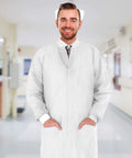 Man wearing Disposable Lab Coats For Adults Medium Pack Of 10 White Knee Length With Knit Collar Cuffs Plastic Snaps And 3 Pockets 50 GSM SMS PPE Medical Coat in a lab setting