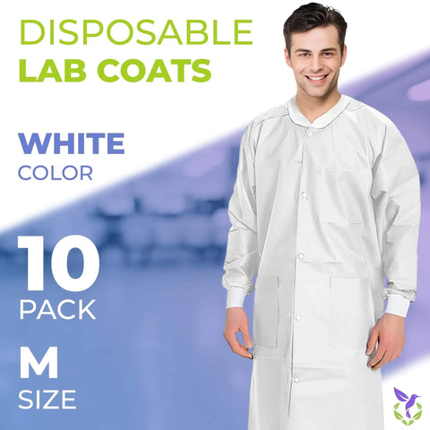 Disposable Lab Coats For Adults Medium Pack Of 10 White Knee Length With Knit Collar Cuffs Plastic Snaps And 3 Pockets 50 GSM SMS PPE