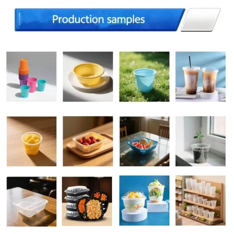 Production samples from Heavy Duty Disposable Plastic Cup Making Machine With Fully Automatic Thermoforming System And In Mold Cutting.