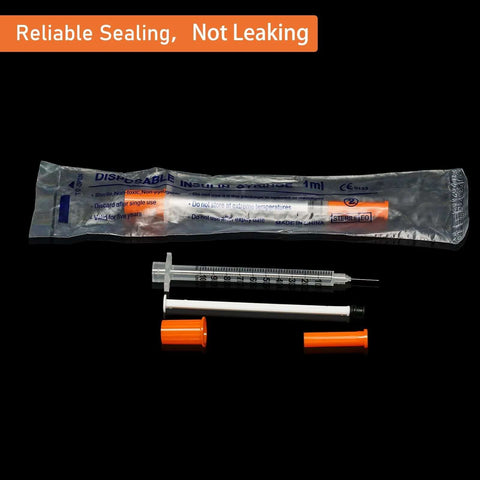 Disposable Sterile 1ml Syringes 31G With 5/16 Inch 8mm Needle 100 Pack For Insulin And Precise Dosing, syringe with orange caps.