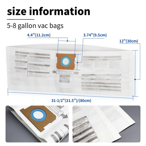 Shop Vacuum Bag Set For Five To Eight Gallon Vacuums Type E And Type H Compatible With VHBS VDBS shown with size dimensions