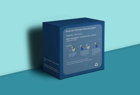 Box of Precise Dissolved Hydrogen Test Reagent with blue indicator, showing usage instructions and H2Blue reagent details