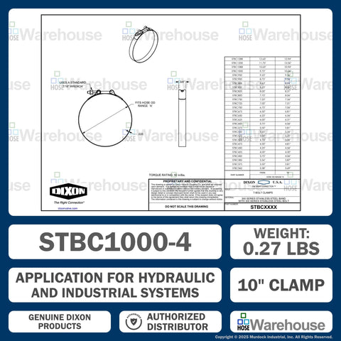 Diagram of Genuine Dixon 10 Inch T Bolt Clamp Pack Of Four STBC1000 Stainless Steel Hose Clamps for 10 Inch Hoses