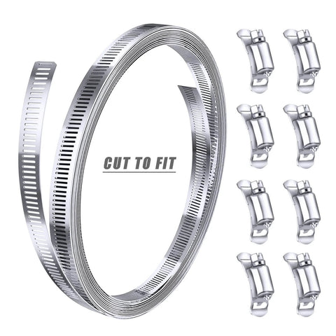 304 Stainless Steel Hose Clamp Assortment Kit DIY Cut To Fit 12 Ft Metal Strap And 8 Stronger Fasteners