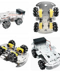 DIY Mecanum Wheel Car Kit with metal chassis and TT motors featuring 4WD omnidirectional movement shown from multiple angles.