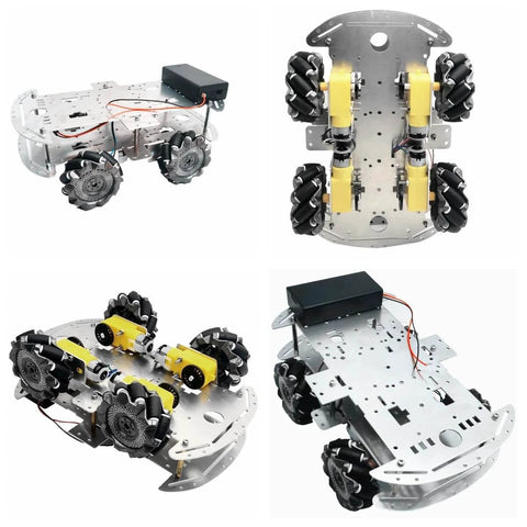DIY Mecanum Wheel Car Kit with metal chassis and TT motors featuring 4WD omnidirectional movement shown from multiple angles.