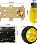 Parts of DIY 4WD Smart Robot Chassis Kit With Speed Encoder, featuring chassis, motor, battery box, and wheel dimensions.