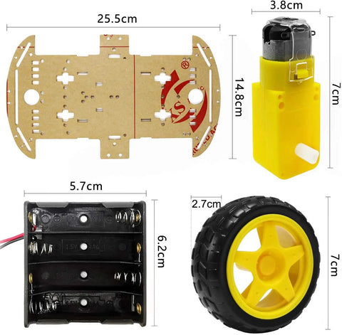 Parts of DIY 4WD Smart Robot Chassis Kit With Speed Encoder, featuring chassis, motor, battery box, and wheel dimensions.