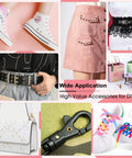 Collage showcasing uses for All In One Metal Grommets Kit With 600 Pieces In 12 Colors for DIY shoes, bags, belts, and crafts.