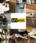 People using tools for various repair and crafting tasks around the home and workshop with MyWish logo at the center.