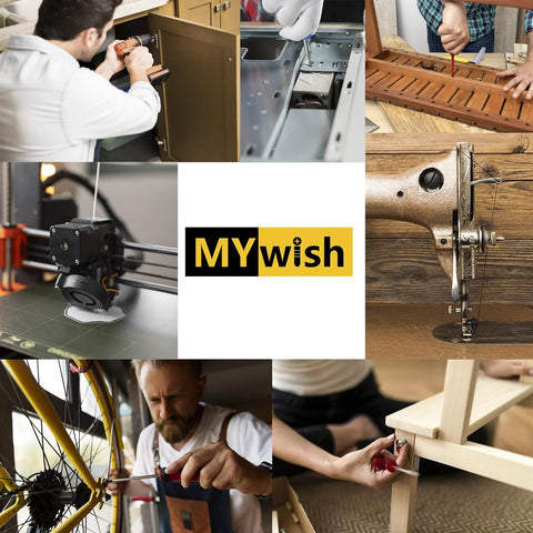 People using tools for various repair and crafting tasks around the home and workshop with MyWish logo at the center.