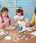 Children and adult using 75mm 3 Inch Badge Maker Kit with 86mm Circle Cutter and Pad; visible badges and craft materials on table.