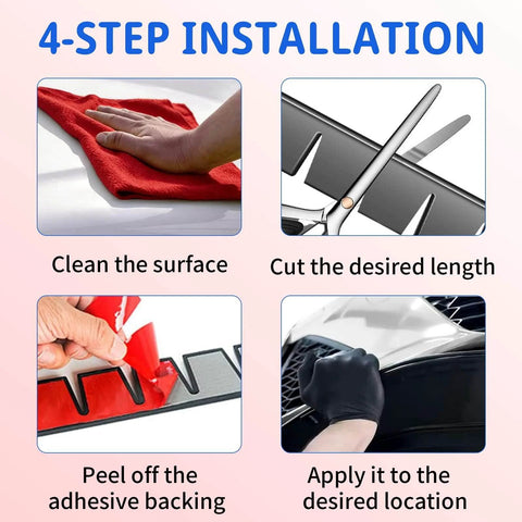 Installation steps for DIY Front Bumper Protector Kit With Preinstalled Tape Universal Bumper Guard For Lowered Cars Anti Scratch Shield With Carbon Fiber Look Aftermarket Bumper Lip Durable Scratch Resistant Protection For All Weather. Clean surface, cut to length, peel tape, apply.