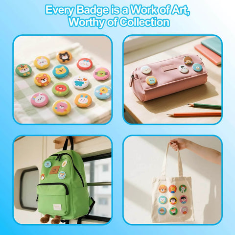 Collection of DIY badges made using 75mm 3 Inch Badge Maker Kit With 86mm Circle Cutter and Pad displayed on bags and tote