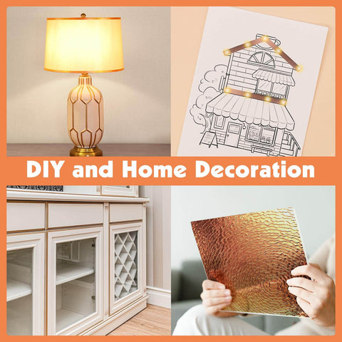 Collage of home decor items: ornate lamp, architectural drawing, elegant cabinet, textured copper sheet for DIY and home decoration.