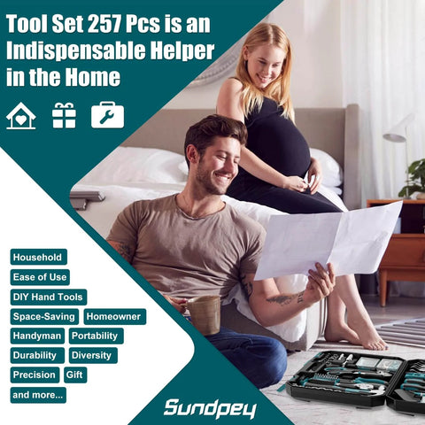 Man holding paper next to blue 257 Piece DIY Ready Home Tool Kit For Household Repairs Complete Hand Tool Set in living room.