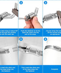 Installation steps of 16 Ft DIY Hose Clamps Assortment Kit in 304 Stainless Steel Worm Gear Bands on a pipe with fasteners.