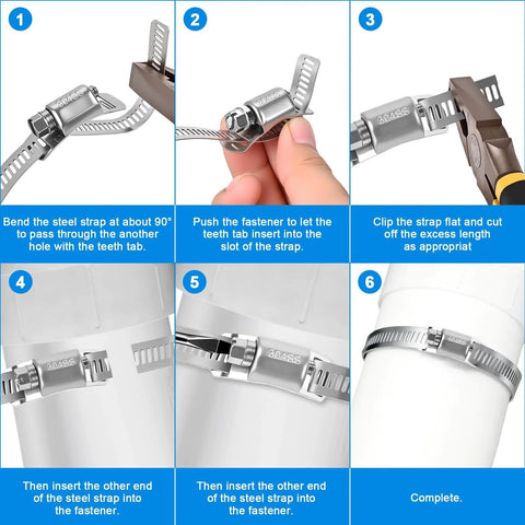 Installation steps of 16 Ft DIY Hose Clamps Assortment Kit in 304 Stainless Steel Worm Gear Bands on a pipe with fasteners.