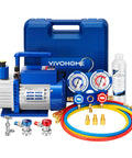 Easy DIY HVAC Vacuum Pump Kit 110V One Quarter HP 3.5 CFM Single Stage Rotary Vane With R134a Manifold Gauge Set in blue case.