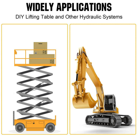 Heavy Duty Electric Hydraulic Pump Unit For Dump Trailer With Metal Reservoir 12V DC Motor 3200 PSI Max Pressure Double Acting Cylinder Lifts Up To 5 Tons And Handles Tough Loads By DC House shown with scissor lift and excavator illustration