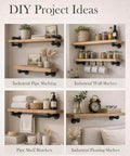 DIY project ideas with industrial pipe shelving, wall shelves, pipe shelf brackets, and floating shelves for home decor.