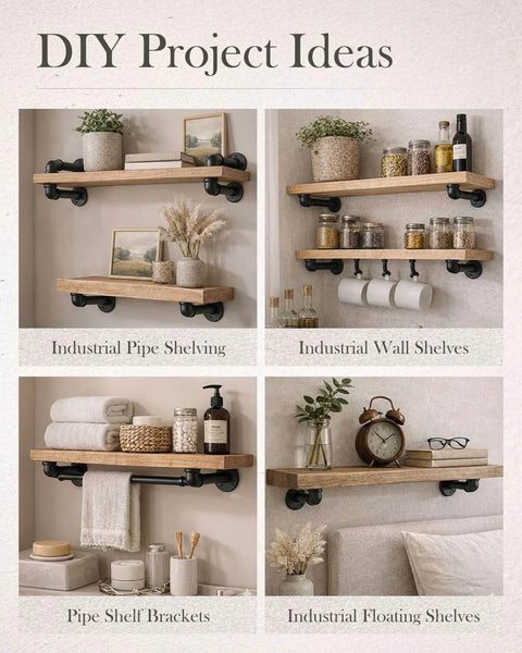 DIY project ideas with industrial pipe shelving, wall shelves, pipe shelf brackets, and floating shelves for home decor.