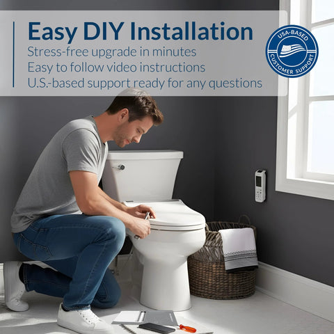 Easy DIY installation of USPA Pro Modern Bidet Seat with Heated Seat and Dryer, showing remote and elongated bowl in a bathroom setting.