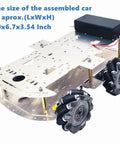 DIY Mecanum Wheel Car Kit with metal chassis and TT motors shown from top view, measuring approx 10x6.7x3.54 inches.
