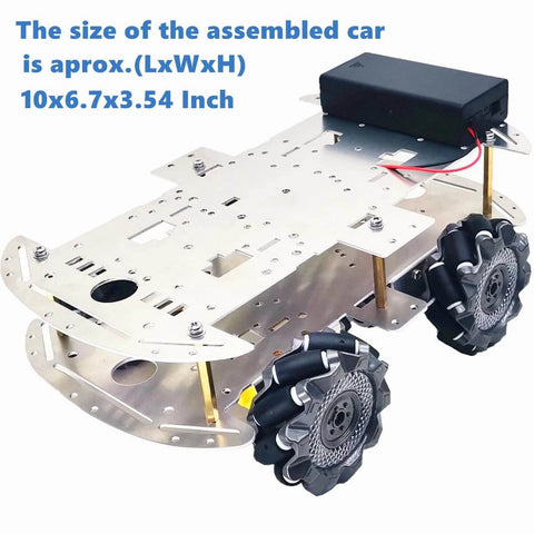 DIY Mecanum Wheel Car Kit with metal chassis and TT motors shown from top view, measuring approx 10x6.7x3.54 inches.
