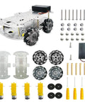 DIY Mecanum Wheel Car Kit with metal chassis, TT motors, and 2.67 inch wheels, including parts for 4WD design.