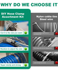 Comparison of Ten Foot 304 Stainless Steel Hose Clamp Kit with nylon cable ties showing adjustability and strength features.