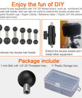 B Size One Inch Ball Adapter with One Quarter Twenty Female Threaded Hole, shown with extension arm and plastic storage box.