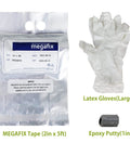 DIY Pipe Repair Kit With Fiberglass Wrap For Leaks And Plumbing Underwater Ready Permanent Fix With Epoxy Type When No Water Rubber Type For Live Leaks Works On PVC And ABS Pipes Quick Home Or Emergency Repair with MEGAFIX tape, latex gloves, and epoxy putty.