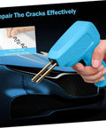 Hand using DIY Dope Hot Stapler Plastic Welding Kit With Staples For Quick Car Bumper And Headlight Repairs on a blue car bumper.