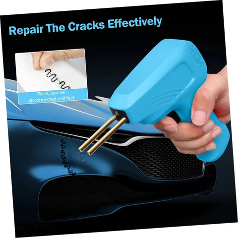 Hand using DIY Dope Hot Stapler Plastic Welding Kit With Staples For Quick Car Bumper And Headlight Repairs on a blue car bumper.