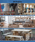 Collage of DIY projects using wooden pallets including storage shelves, furniture, and outdoor seating