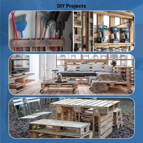 Collage of DIY projects using wooden pallets including storage shelves, furniture, and outdoor seating